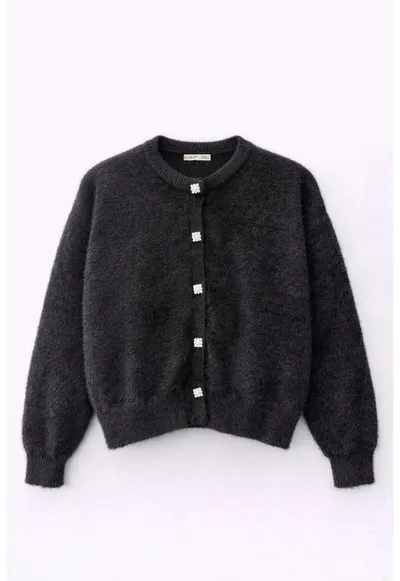 Cardigan Texturat Oversize - Negru - Poliester - Maneci Lungi