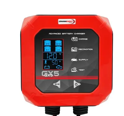 Aparat incarcat baterii auto GX5, voltaj incarcare: 12 V LEMANIA ENERGY, curent incarcare: 5A, alimentare: 230V, tip baterie: AGM EFB LiFePO4 VRLA WET