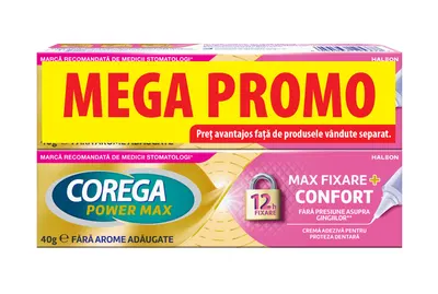 Pachet crema adeziva pentru proteza dentara Fixare + Confort Corega Power Max, 2 x 40g, Haleon