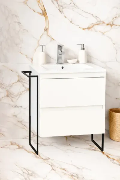 Set Baza front MDF si Lavoar seria 386, cu sertare, cadru metalic, montat, 60 cm, alb