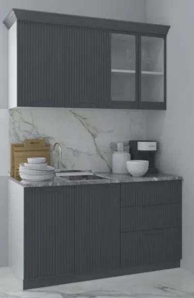 Set bucatarie SPACE 140 cm, 4 corpuri, cu sertare, blat termorezistent, fronturi MDF, antracit