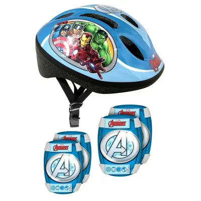 Set casca protectie, genunchiere si cotiere, Stamp, Avengers, Sigure si confortabile, Reglabile, Conform cu EN1078, Marime 50/56 cm, 3 ani+, Albastru