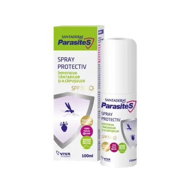 Spray protectiv SPF 50 impotriva tantarilor si capuselor Santaderm Parasites, Viva Pharma | 100 ml