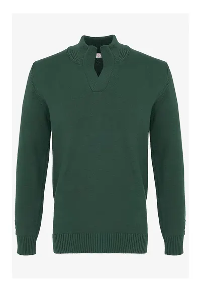 Pulover din bumbac cu model uni - Verde inchis