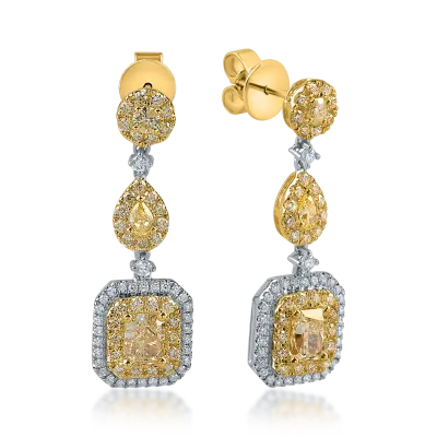 Cercei din aur alb-galben cu diamante galbene si incolore de 2.5ct
