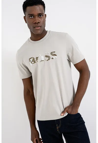 Tricou de bumbac cu imprimeu logo - Maro nisip