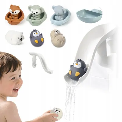 Set 11 jucarii de baie, Primabobo, Include animalute utilizabile si ca papusi pentru degete, tobogan, raft depozitare, Elefantel, Vulpita, Dezvolta abilitatile motorii fine, Fara BPA, 12 luni+, Multicolor
