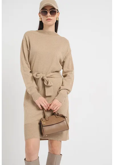 Rochie-pulover tricotata fin din amesctec de lana - Auriu/Maro nisip