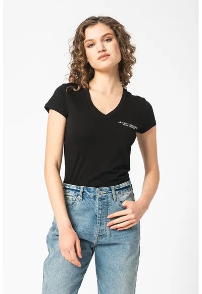 Tricou slim fit cu decolteu in V - Negru