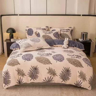 Lenjerie pat dublu, Super Pufoasa COCOLINO,cu ELASTIC, 4 piese, Jojo Home, Crem, Gri, Frunze