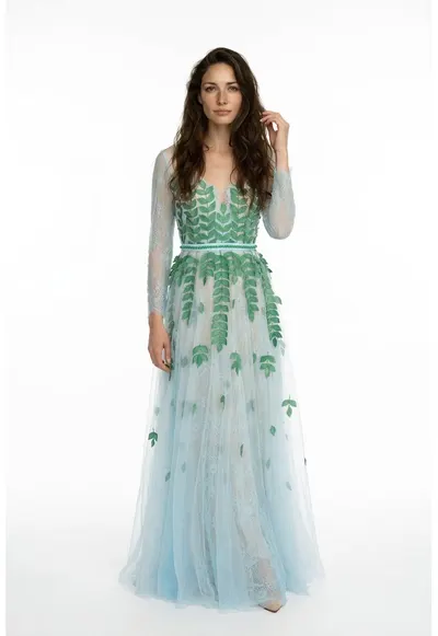 Rochie maxi din dantela si tul cu aplicatii cu frunze Camina
