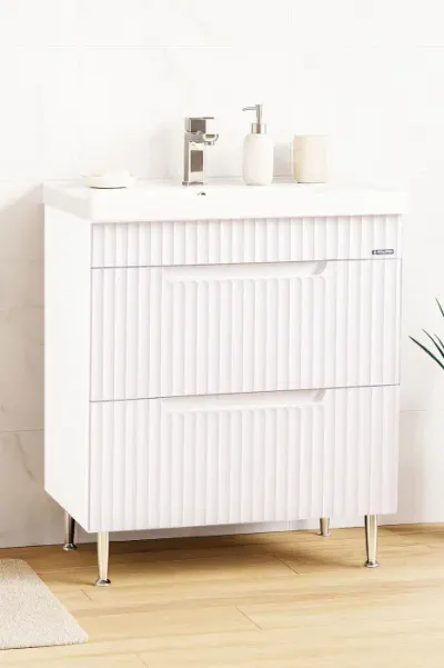 Set Baza front MDF si Lavoar seria 733, cu sertare, montat, 70 cm, alb rustic