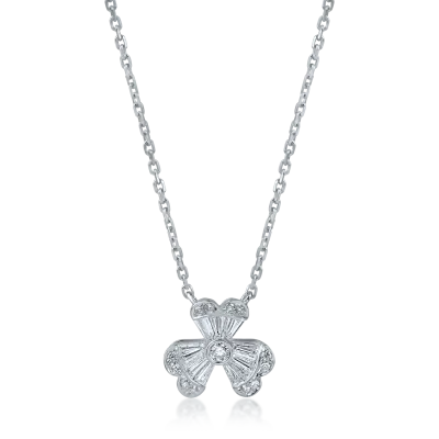 Lant cu pandantiv floral din aur alb cu diamante baguette si rotunde de 0.38ct