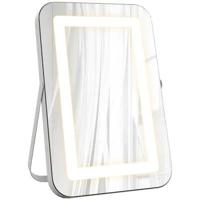 HOMCOM Oglindă de Machiaj LED cu Lumini Reglabile pe 3 Culori, USB și Oglindă de Mărire Rotativă, 31x41,5x3 cm, Alb | Aosom Romania