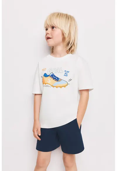 Tricou cu decolteu la baza gatului si imprimeu grafic - Alb optic