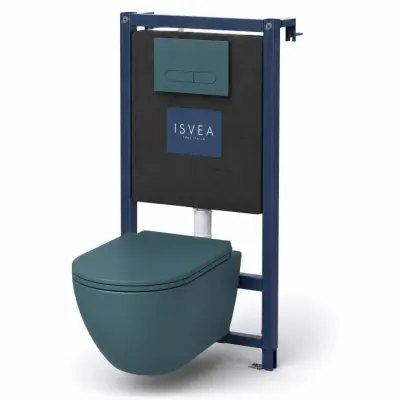 Set vas WC suspendat verde smarald rimless Sapho Infinity cu rezervor incastrat Isvea si clapeta verde smarald mat