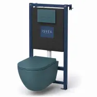 Set vas WC suspendat verde smarald rimless Sapho Infinity cu rezervor incastrat Isvea si clapeta verde smarald mat