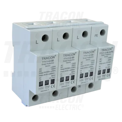 Descarcator de supratensiuni,AC/DC,clasa1+2,unitar cu soclul TTV1+2-80-3P+N/PE 230/400 V, 50 Hz, 8 kA (10/350us) 40/80 kA (8/20us), 3P+N/PE