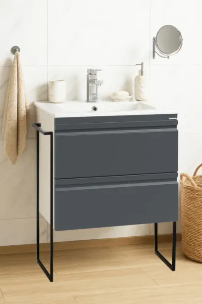 Set Baza front MDF si Lavoar seria 086, cadru metalic, sertare, 60 cm, antracit