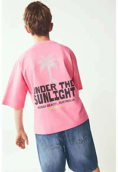 Tricou lejer cu imprimeu grafic si text - Negru carbon/Roz