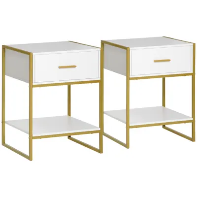 HOMCOM Set din 2 Noptiere Moderne, Noptiere cu Raft și Sertar, Organizatoare de Depozitare pentru Dormitor, 45x40x60 cm, Alb | Aosom Romania