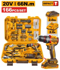 Set bormasina cu impact INGCO HKTHP41662E, 20V, 66Nm, 22500 BPM, acumulator 2Ah, incarcator 220-240V, trusa 166 piese, scule manuale, burghie, biti, tubulare, dibluri si valiza