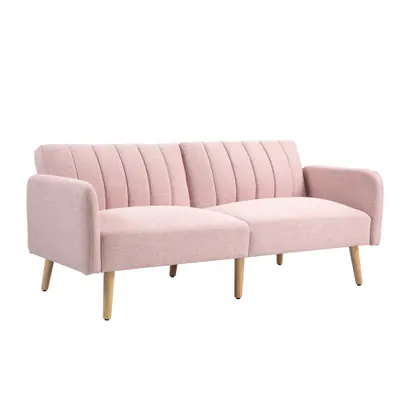 HOMCOM Canapea extensibilă 2 locuri Design scandinav Spătar înclinat 3 poziții Picioare din lemn Țesătură aspect in Roz | Aosom Romania