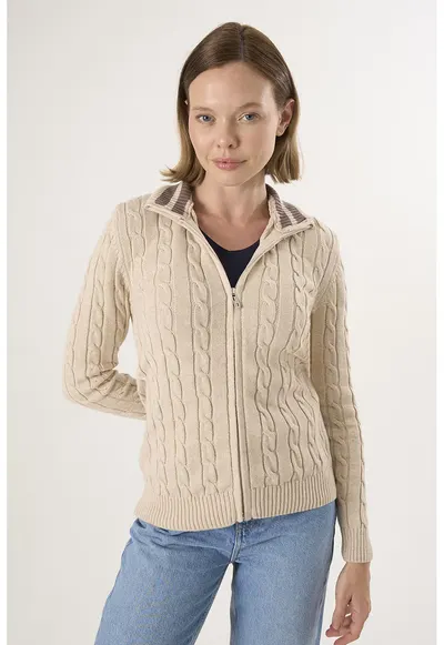 Cardigan cu design torsade si fermoar - Bej
