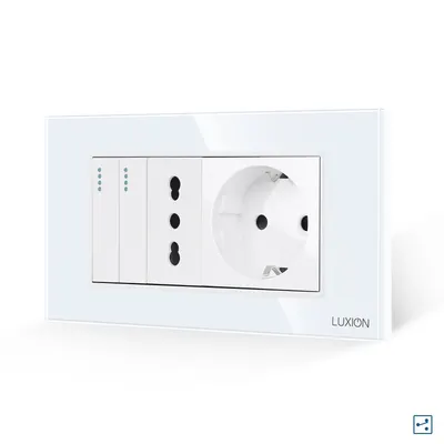 Intrerupator Dublu Cap Scara + Priza Ingusta + Priza Schuko cu Rama din Sticla LUXION, Standard Italian, 4M