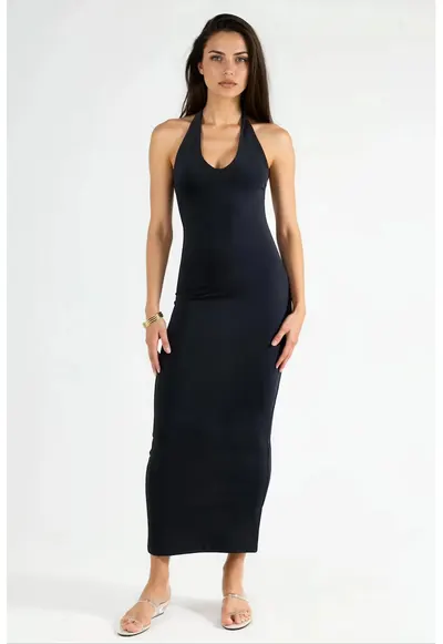 Rochie Midi cu decolteu tip halter - Negru - Jerseu