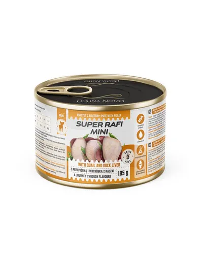 SUPER RAFI Mini cu prepeliță și ficat de rață 185 g hrană umedă pentru câini de talie mică