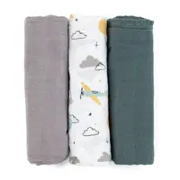 Set 3 scutece PetiteMars din muselina de bambus Moussy Grey Planes hipoalergenice 68 x 68 cm Multicolor