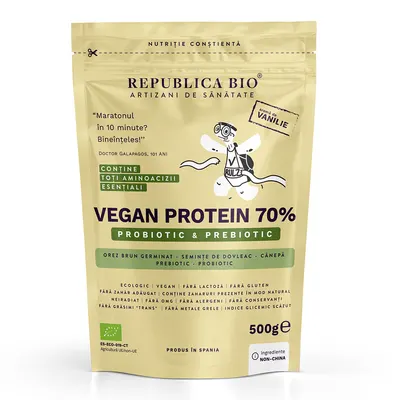 Vegan Protein 70% Probiotic & Prebiotic vanilie ecologica, 500g, Republica Bio