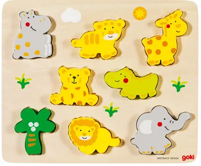 Puzzle din lemn Goki - Animale sălbatice, 8 piese