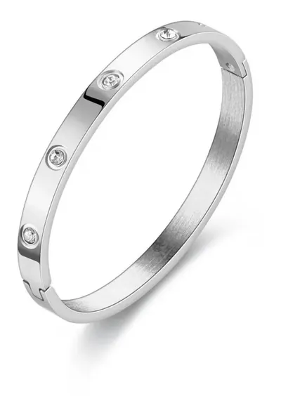 Bratara argintie - tip bangle - din otel inoxidabil - suflata cu aur 18k - cu zirconii - Virella C1