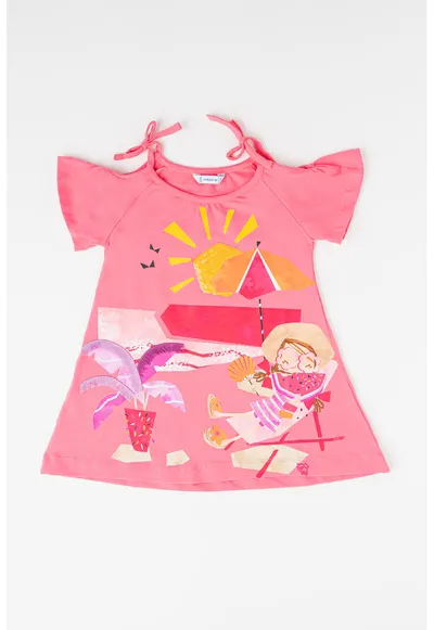 Rochie cu model si funda - Galben/Roz