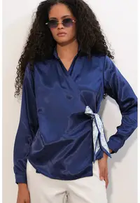 Camasa - camasa din satin cu detalii cu snur - bleumarin - poliester