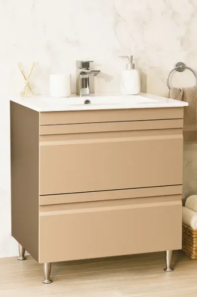 Set Baza front MDF si Lavoar seria 086, cu sertare, montat, 70 cm, cappuccino