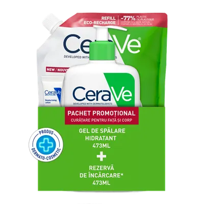 Pachet Gel de spalare hidratant 473ml + Refill Gel de spalare hidratant 473ml + Lotiune hidratanta 5ml, CeraVe