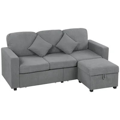 HOMCOM Divan 3 Locuri cu Pouf de Depozitare din Velur cu Nervuri 196x139x85 cm, Gri | Aosom Romania