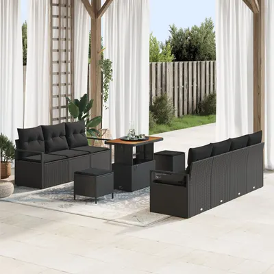 Set canapea de gradina Gossi 10 piese cu perne negru polirat acacia, canapea de gradina Gossi cu 2 locuri cu depozitare si perne negru polirat, set de dining de gradina Gossi 3 piese cu perne negru polirat acacia