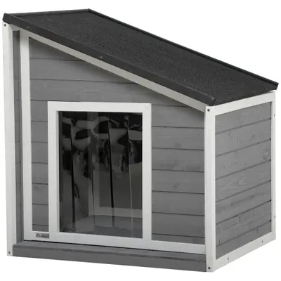 PawHut Hundehütte din lemn masiv, rezistent la intemperii, acoperiș din șindrilă, 71 cm x 58 cm x 77 cm, Gri + Alb | Aosom Romania