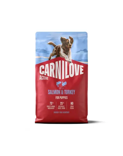 Hrană pui de câine CARNILOVE Active Dog Salmon & Turkey Puppies 4 kg somon și curcan