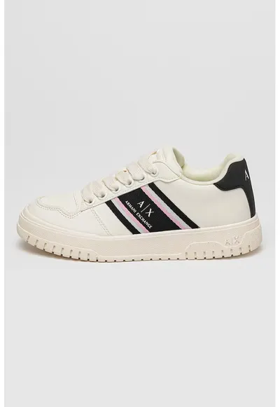 Pantofi sport cu broderie logo si sireturi - Alb/Negru/Roz deschis