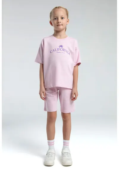 Set de tricou cu imprimeu frontal si pe spate si pantaloni scurti - Roz deschis