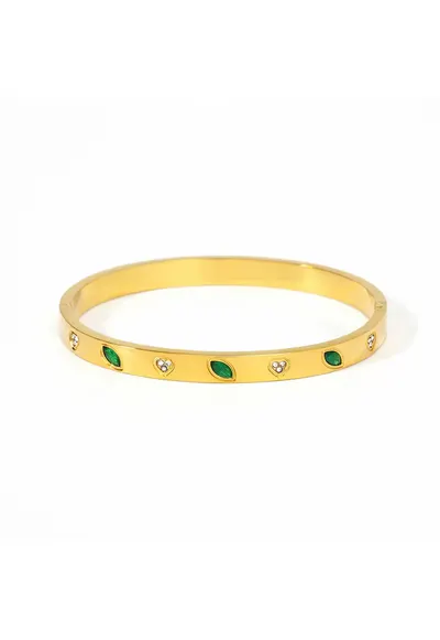 Bratara bangle - inox suflat cu aur 18k - zirconii verzi - 6x6cm