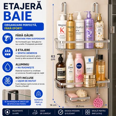 Etajera pentru Baie - Din Aluminiu, Montare prin Suspendare, 3 Compartimente, Argintiu