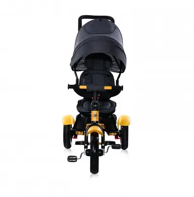 Tricicleta pentru copii Lorelli Neo Air Yellow Black 4 in 1 multifunctionala, roti mari gonflabile, spatar inalt reglabil, sezut rotativ, 2 tipuri de suport pentru picioare si dispozitiv de franare