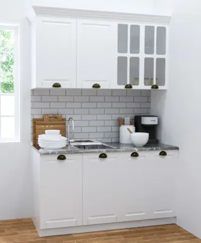 Set bucatarie SQUARE 140 cm, 4 corpuri, blat termorezistent, fronturi MDF, alb rustic