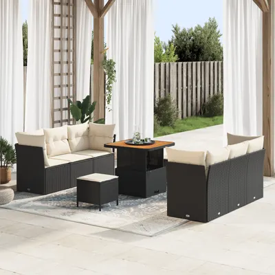 Set de canapele pentru gradina Gossi cu perne negru poli ratan acacia, set de dining pentru gradina Gossi cu perne negru poli ratan acacia